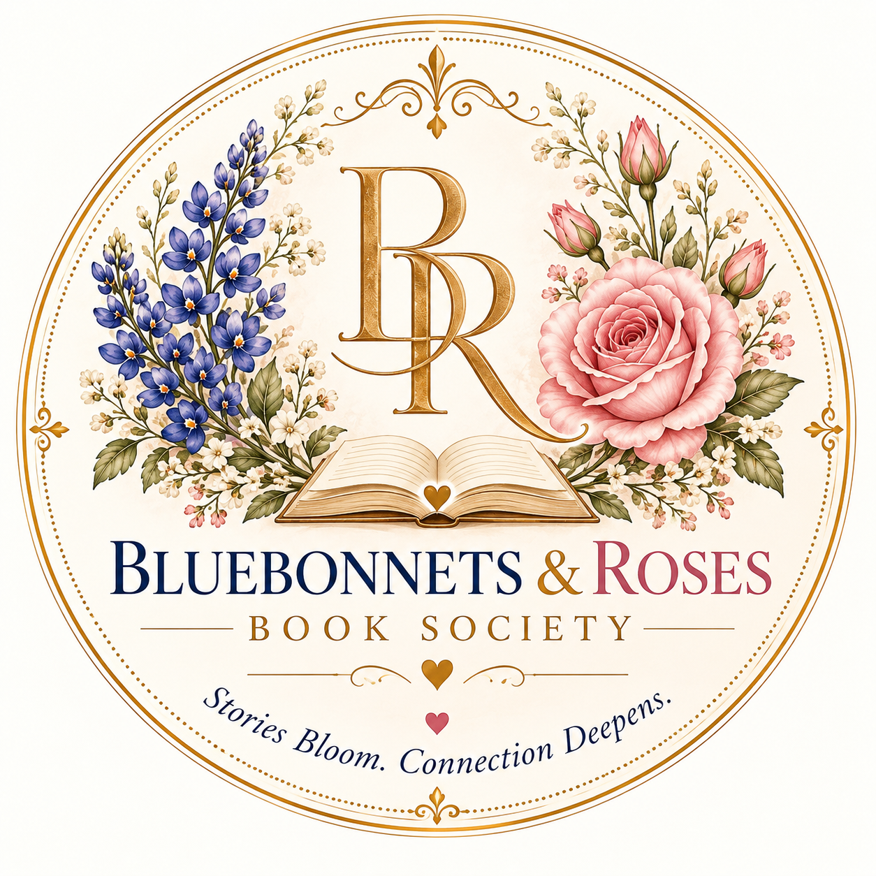 Bluebonnets & Roses Book Society emblem with bluebonnets and pink roses